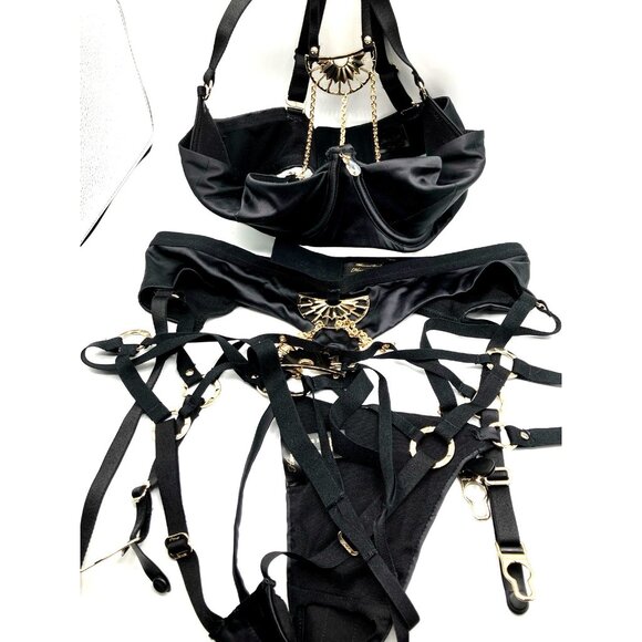 34 DDD / F + Med Honey Birdette Adele 3 Pc Set Bra Garter Black